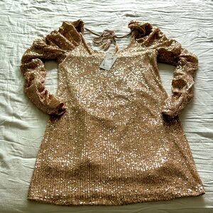 C & V Size S Rose Gold Scoop Neck Sequined Fitted Mini Dress